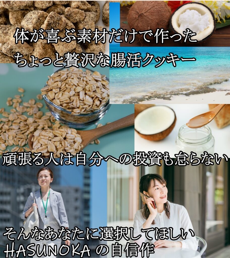 体が喜ぶ素材だけで作った、ちょっと贅沢な腸活クッキー。頑張る人は自分への投資も怠らない。そんなあなたに選択してほしい、HASUNOKAの自信作。